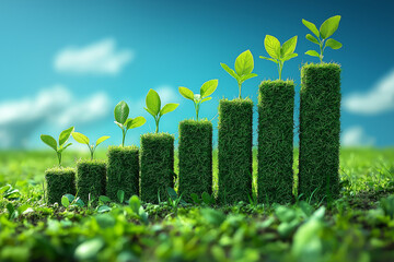 Green business graph bars rising under sky, symbol of natural and sustainable financial growth