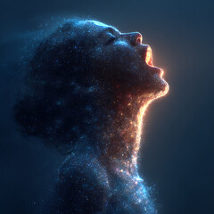 silhouette profile cosmic space nebula stars glowing particles blue dark scifi fantasy digital art