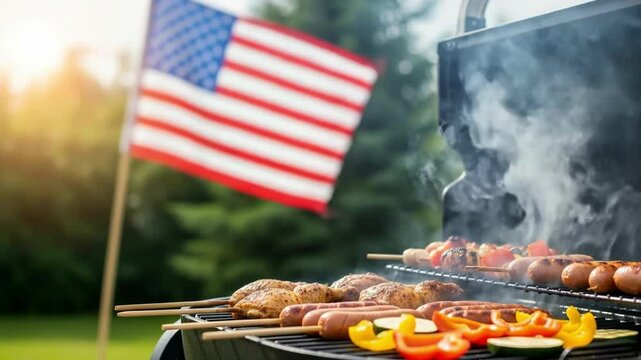 Delicious food grilling on a barbecue during a summer cookout with an american flag in the background
