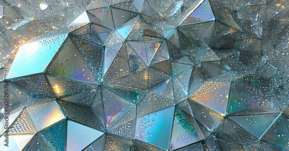 Poster Fractured surface reflects light, creating abstract patterns. Shards shimmer, sparkle, offering complex visual texture. Metallic tones dominate composition.