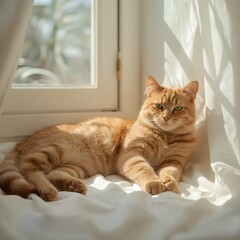 A Tranquil Start: Cat Lounging in Soft Sunlight by a Rustic Window; Ideal for Social media posts, calming desktop wallpapers, or interior décor inspiration boards