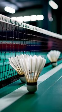 Close up shot of white shuttlecocks on a green badminton court with a net in the background, representing sport equipment