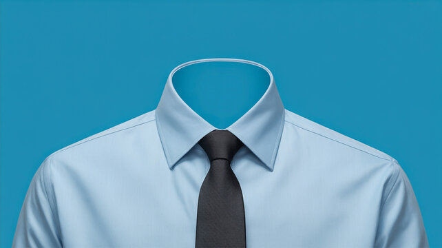 A minimalist photograph of a light blue dress shirt with a black tie against a solid turquoise blue background.