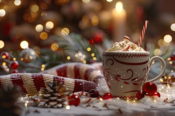 detailed picture of Christmas holiday decorations near mug with hot chocolate