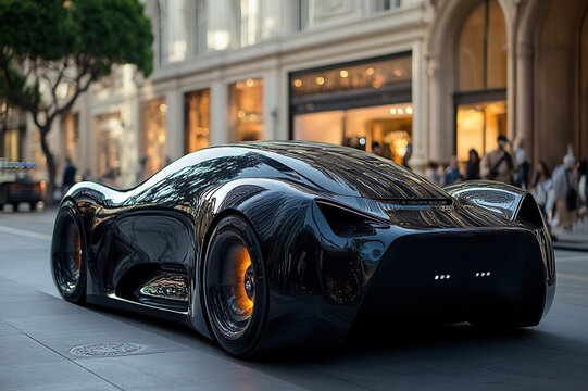 An electric car on a city street, reflecting the metallic elegance and futuristic design of the year 2040's floating vehicles.