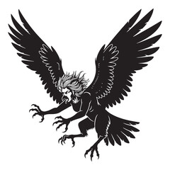 Darkened Harpy Bird Monster Depiction Outline, Looking Ready to Attack - harpy silhouette - harpy vector - silhouette of harpy - Harpy illustration
