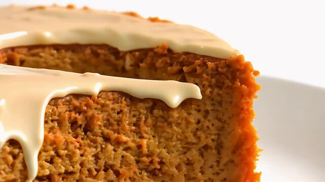 A decadent wedge carrot cake topped cream cheese frosting walnut crumbs sits pristine white plate camera dollying slightly to reveal moist crumb texture mouth watering four k macro benefits pastry