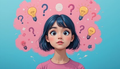 Curious young girl with blue hair surrounded by light bulbs and question marks in a colorful illustration