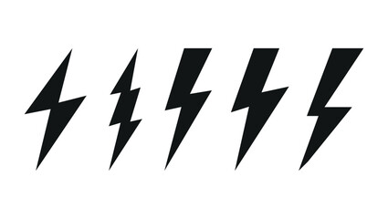 black lightning bolt icons in different styles used for electricity, energy or warning signs	