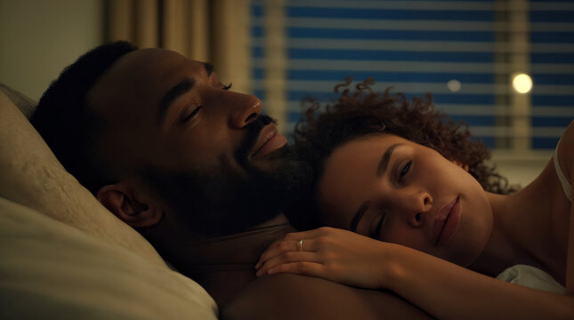 Middle-aged black man and woman sleeping peacefully in bed at night