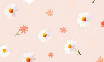 Obraz premium simple and colorful illustration of cute tiny minimalist white daisies in a pattern style on pale pink background. Generative AI