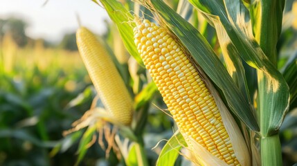 Golden corn cobs in field