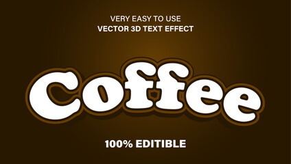 editable vector 3d coffee text effect in bold white font with brown background for creative designs	