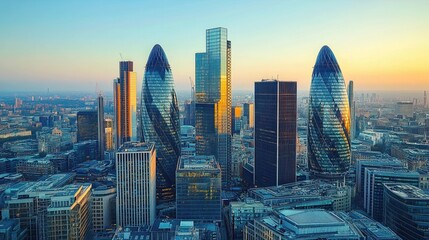 Aerial view of london skyline with gherkin buildings at sunset