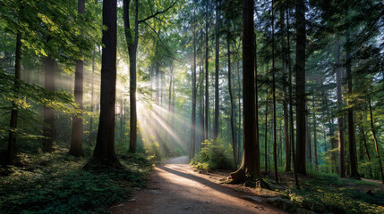 Fototapeta premium Beautiful forest background for screensaver. with sunbeams. Calm close-up of fairytale forest and nature landscape, panorama. Summer vacation, holiday, amazing nature.