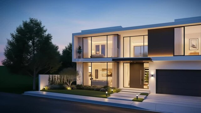 A contemporary two story house features a minimalist design with white walls large glass windows and a flat roof