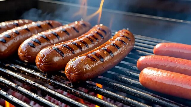 Grilled Sausages Cooking on Barbecue Grill with Flame and Smoke in Backyard Setting