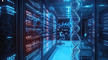 Data center with server racks displaying data and a dna helix