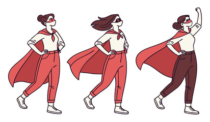 Vector Illustration in Flat Style of Three Ordinary Women in Casual Attire with Masks, Cloaks, and Bracelets, Isolated on Background