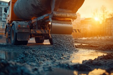 A Concrete Mixer Truck Pours Concrete Into a Pump at a Construction Site