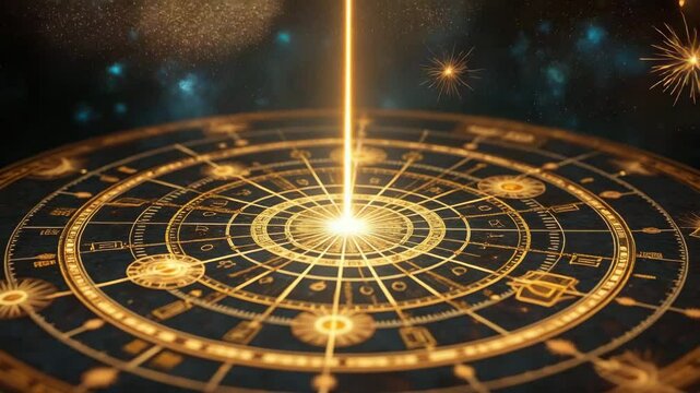 astrology reading concept, Mystical astrological wheel radiates golden light, creating captivating cosmic energy filled with