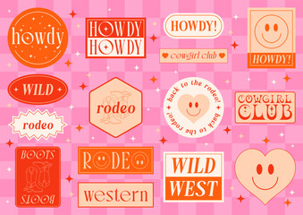 Set of Cowgirl Stickers. Vector Design Elements. Collection of Rodeo. Wild West, Western Themed, Y2K.