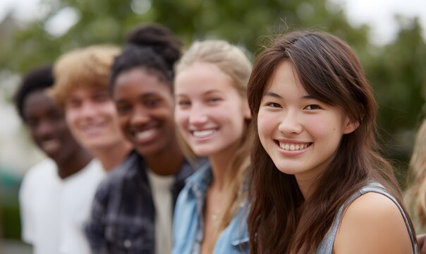 several eighteen year olds smiling and looking at the camera. Male and female and white, black and asian, Generative AI