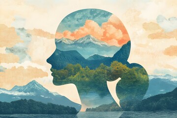 Digital art collage combining a female silhouette depicted in profile with closed eyes, encompassing serenity & elegance with a landscape incorporating various tranquil elements of nature