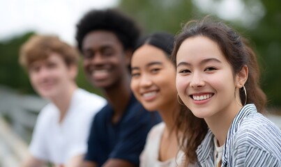 several eighteen year olds smiling and looking at the camera. Male and female and white, black and asian, Generative AI