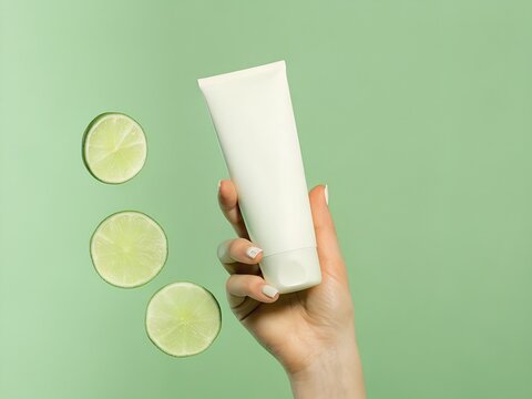 Hand holding unbranded white lime product tube