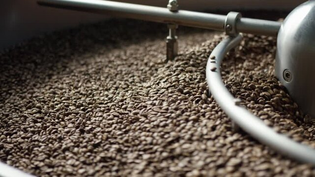 Fresh coffee beans are mixed inside a large stainless steel industrial roasting machine, ensuring even roasting and a perfect final product