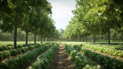 Obraz premium Lush Green Trees and Crops in Vibrant Farm Landscape Under Clear Blue Sky
