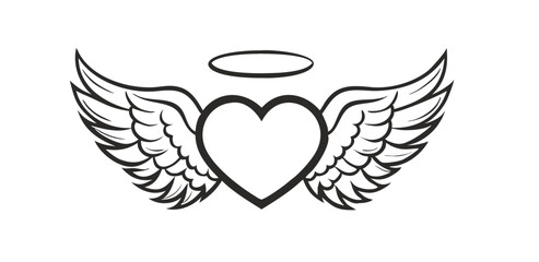 Obraz premium Vector Halo Winged Heart Tattoo Style Illustration Typography with angel wings.