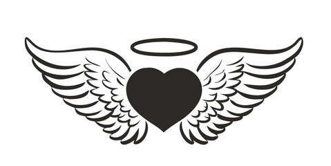 Obraz premium Vector Halo Winged Heart Tattoo Style Illustration Typography with angel wings.