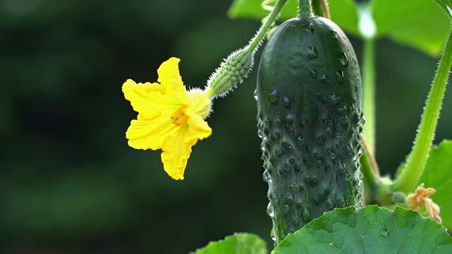 Green Cucumber with Yellow Flower on Vine Macro Shot with Water Droplets in Natural Light