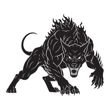 Majestic Hellhound Legendary Creature Shape Illustration, Standing Tall and Scary - hellhound silhouette - hellhound vector - silhouette of hellhound
