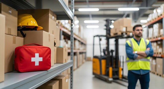 Warehouse Safety First Aid Kit Hard Hat Cardboard Boxes Storage Logistics - Powered by Adobe