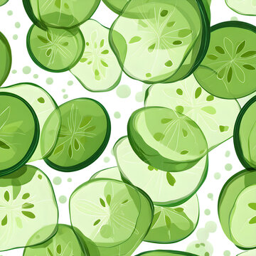 Illustrate a pattern of cucumber slices arranged floating and scattered in a seamless way use vector flat style with subtle green tones and white seed details against a pure white background