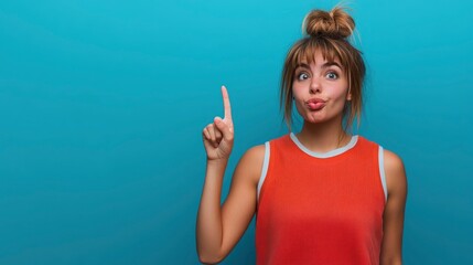 Woman in orange top points upwards with puckered lips set against a blue background
