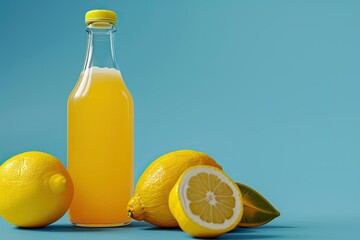 Detailed Color Image of a Bottle of Orange Juice Next to a Lemon and a Lemon