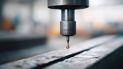 Closeup of worn metal drill bit with drop of lubricant, showing industrial machinery detail and focus on maintenance in workshop environment