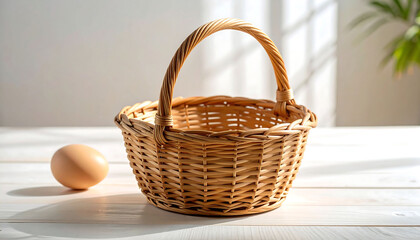Fototapeta premium Empty Round Basket with Egg on Wooden Surface