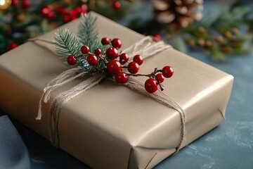 Detailed Color Picture of Christmas New Years Gift Decorated with Craft Paper and Berries