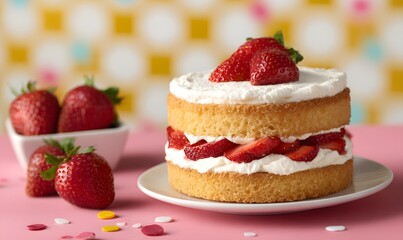 strawberry shortcake with fun background, Generative AI
