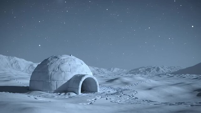 Snow Igloo in White Landscape Under Starry Sky in Tranquil Winter Night Pixel Art