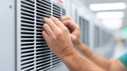 Hands cleaning dust from metal air vent in bright indoor environment, focusing on maintenance and hygiene for ventilation systems and air quality improvement