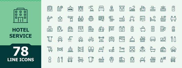 Hotel Service icon set in linear style. Restaurant icon. Minimalist icons collection. Related to restaurant, hotel, fast, room service, travel, service and more. Editable stroke. Vector collection.