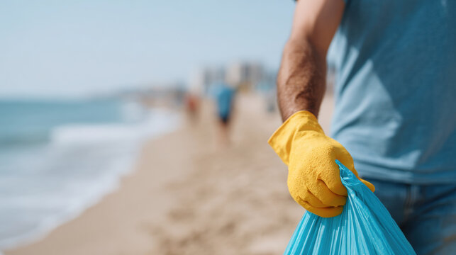 Volunteer beach cleanup initiative glove plastic bag ocean sand environment helping pollution waste summer sunny coastline conservation community action hand blue yellow nature protection care eco