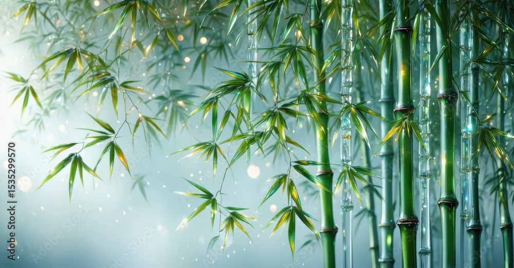 Poster lush bamboo forest scene. sunlight filters through leaves, creating serene atmosphere. gentle glow e