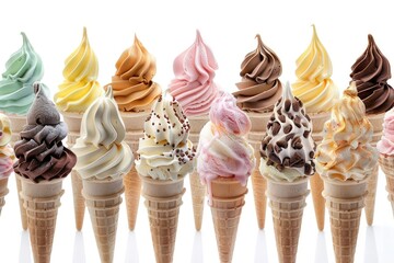 Many Assorted Ice Cream on Waffle Cone Flavors Isolated on White or White Background